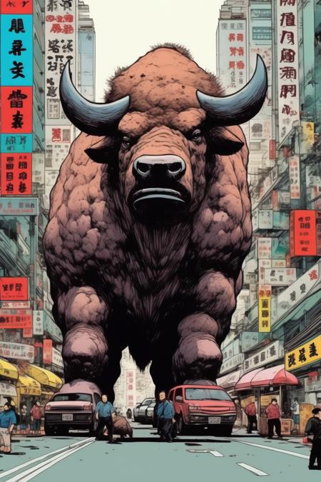 00381-1154481002-_lora_Liam Wong Style_1_Liam Wong Style - a dense Hong Kong cityscape. A giant bison sits in the middle of the street and blocks.png